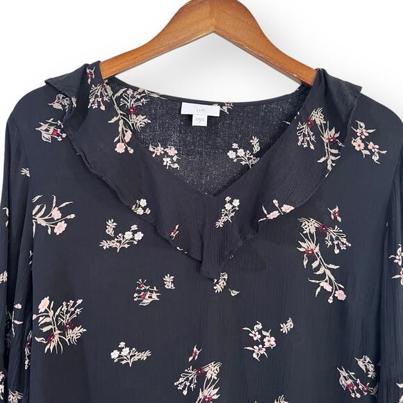 J Jill Top Womens Size M Blouse Black Crinkle Floral Long Sleeve Ruffle V Neck - Picture 3 of 10